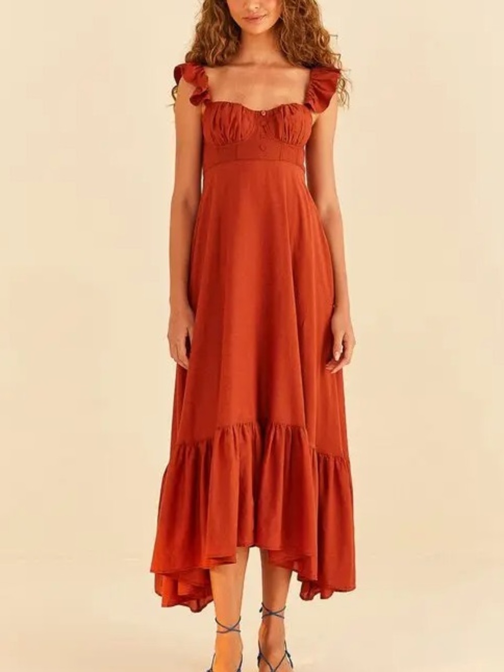 Farm Rio Brown Ruffle Sleeve Maxi Dress